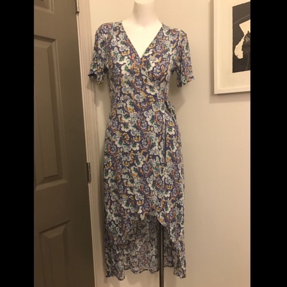 Blue Floral Wrap-Front Maxi Dress